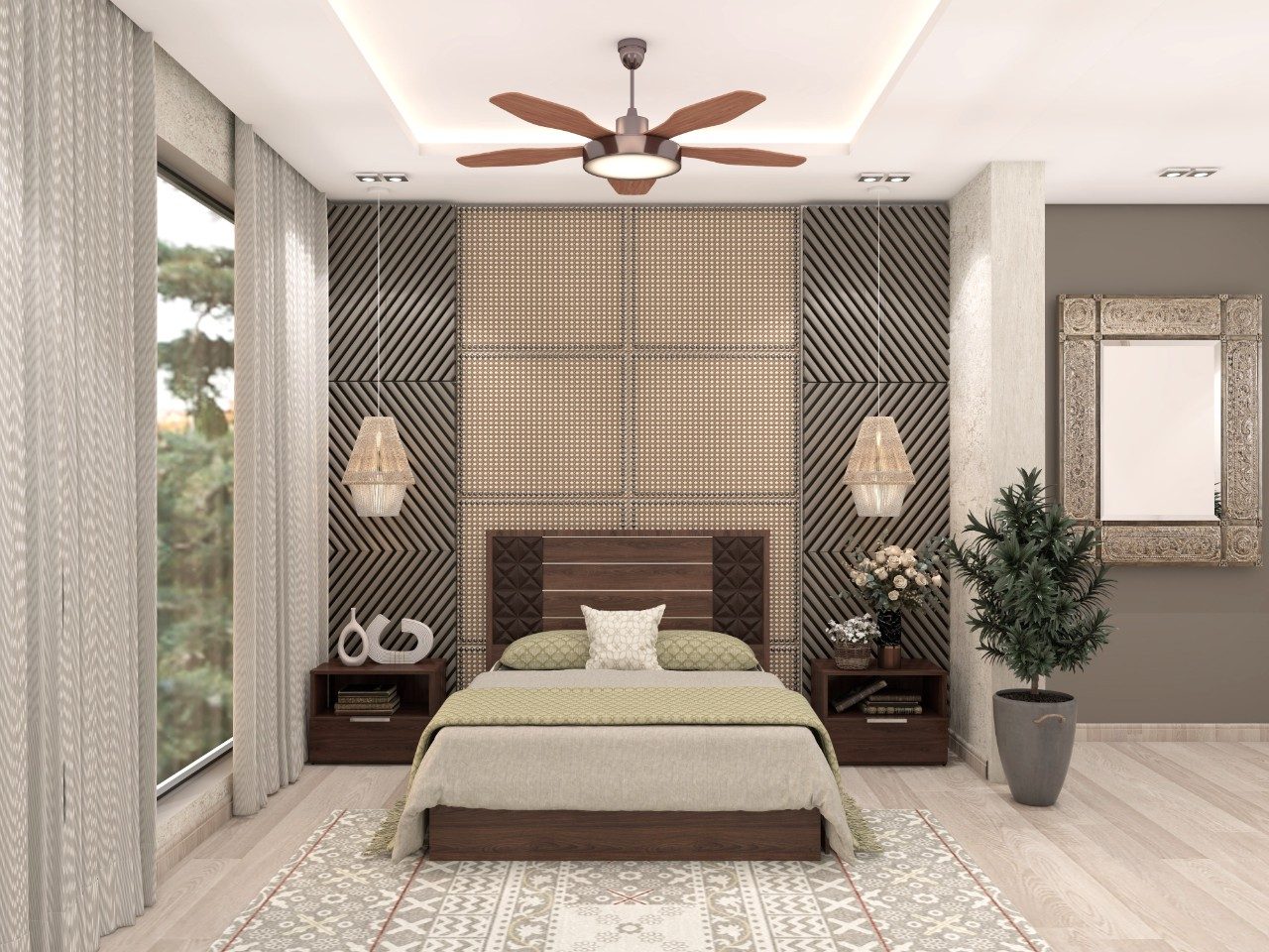 Modern bedroom with patterned wall and décor - Beautiful Homes