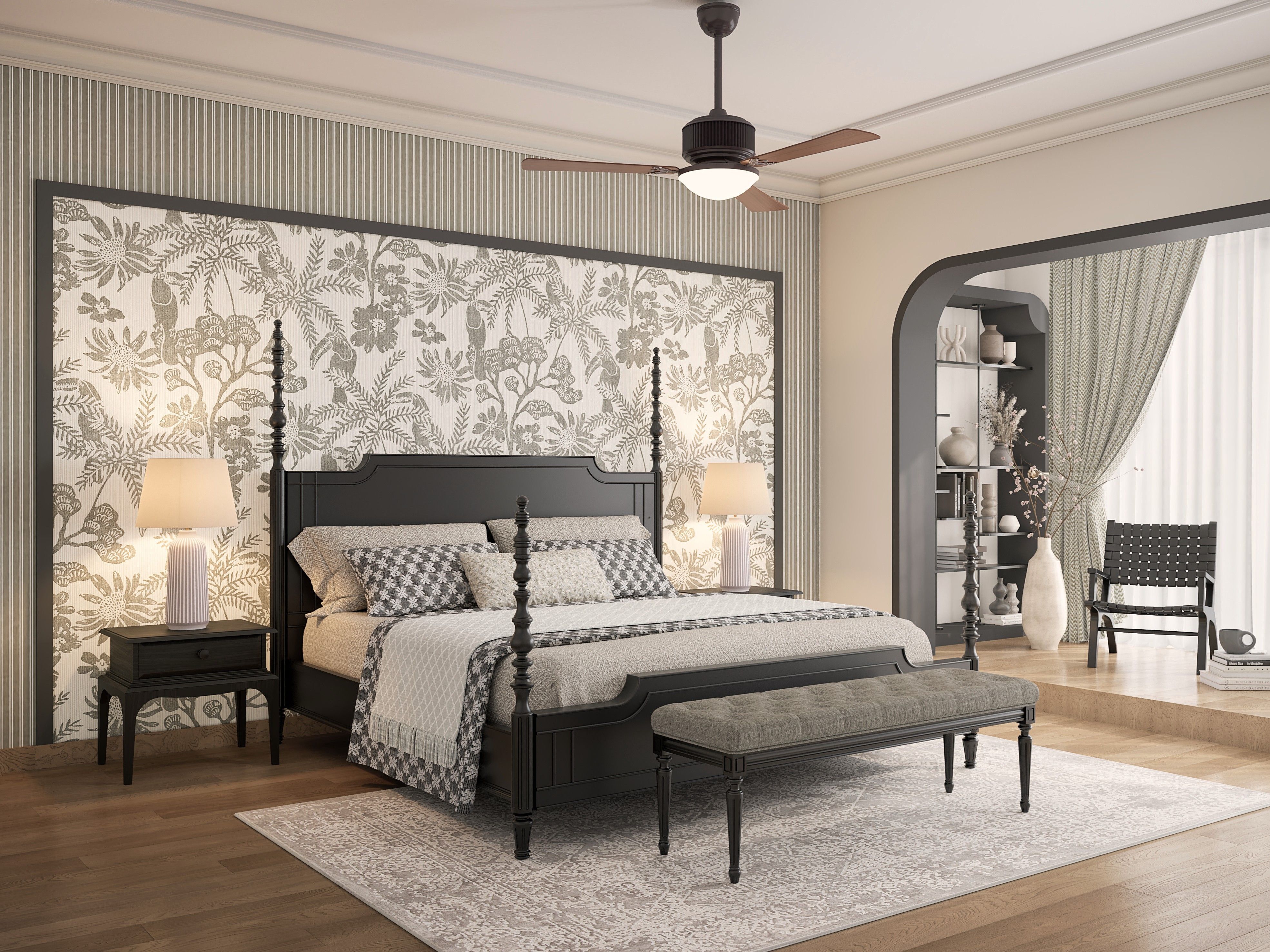 Indian bedroom featuring a four-poster bed, botanical wallpaper, and a cozy seating area - Beautiful Homes