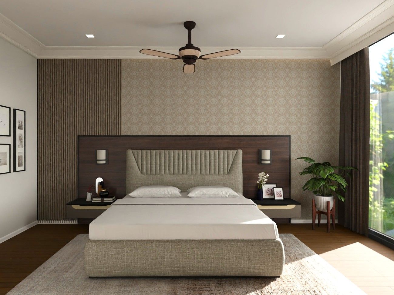 Stylish bedroom featuring a wooden headboard, beige bed, and large window - Beautiful Homes