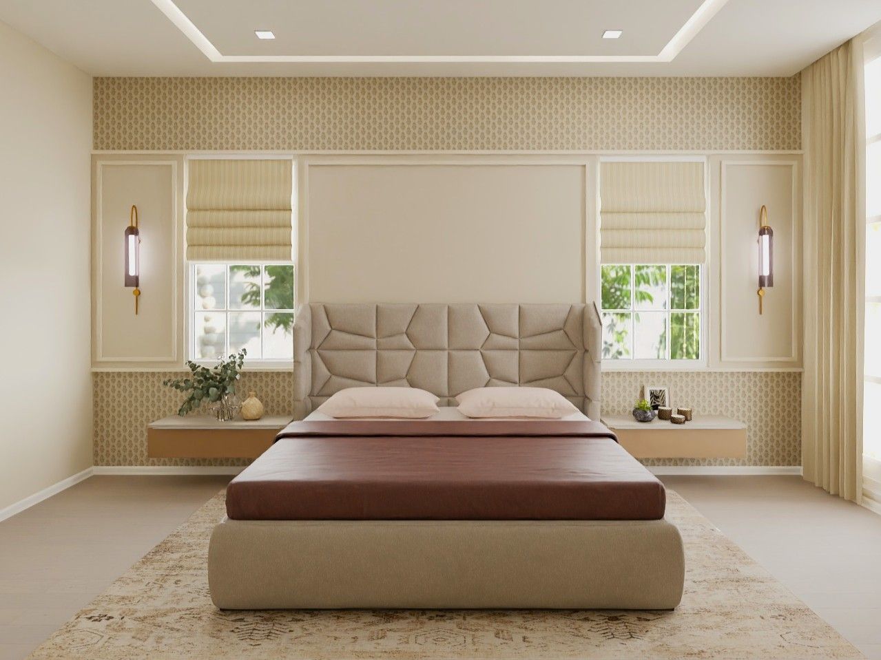 Serene bedroom featuring a geometric headboard, warm lighting, and neutral décor - Beautiful Homes