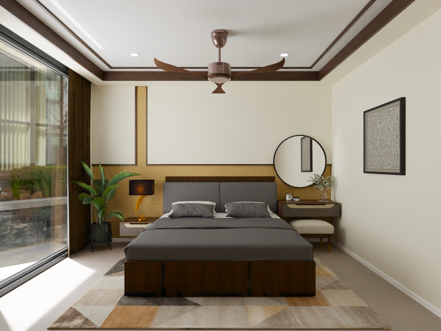 Modern bedroom with wooden décor and neutral tones - Beautiful Homes