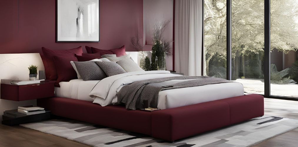 Modern maroon bedroom design with queen bed and side tables - Beautiful Homes