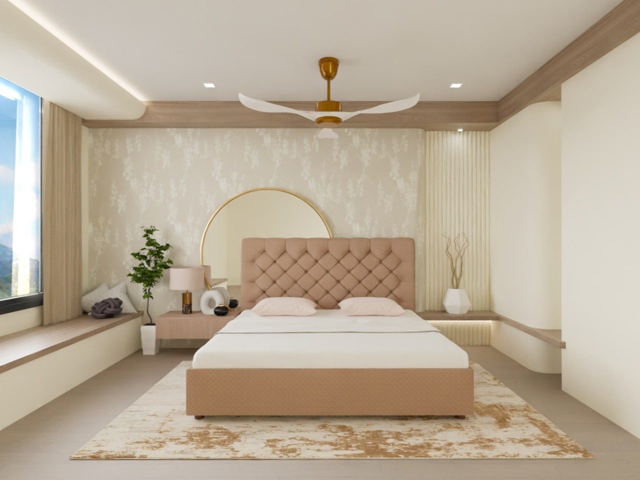 Modern beige bedroom with upholstered bed and wooden accents - Beautiful Homes