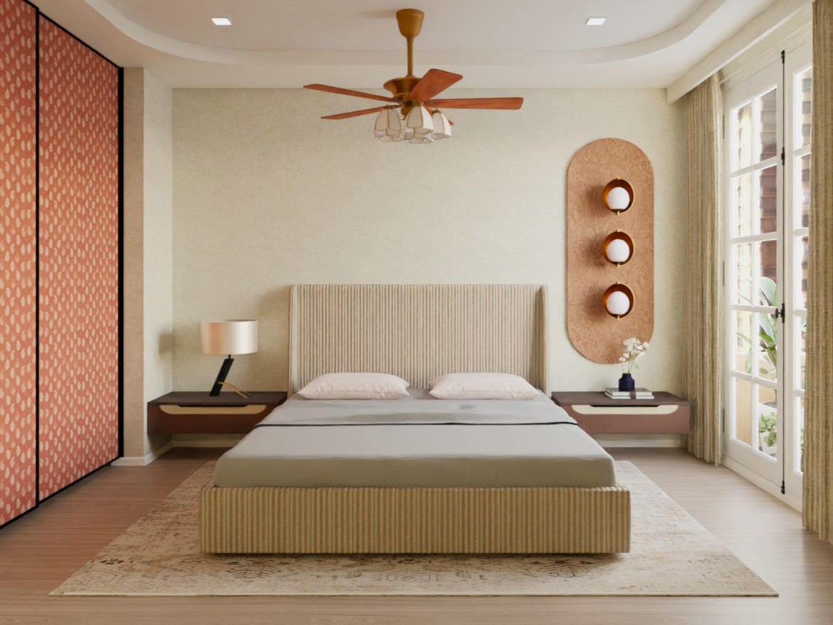 Modern bedroom with beige bed and wooden decor - Beautiful Homes