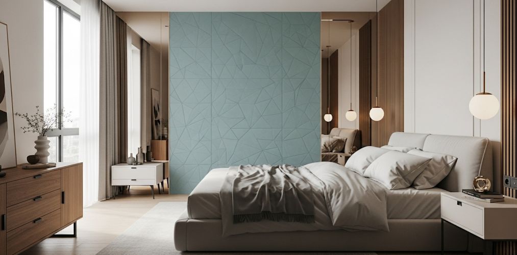 Bedroom with blue accent wall and modern furniture - Beautiful Homes