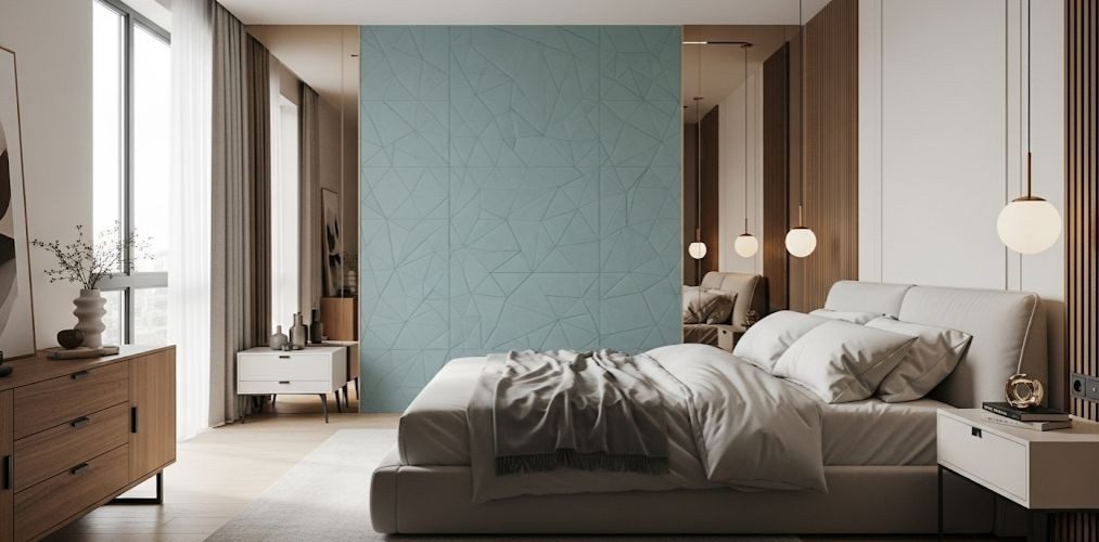 Bedroom with blue accent wall and modern furniture - Beautiful Homes