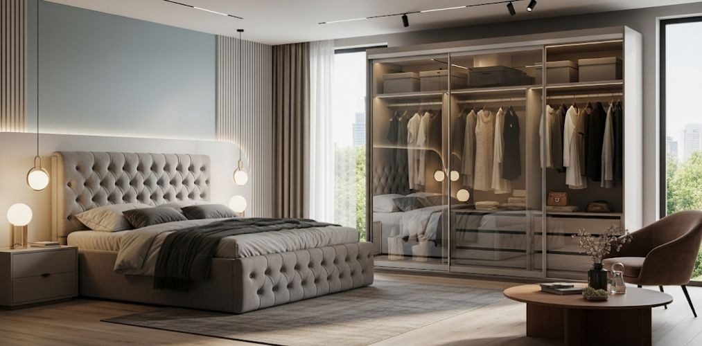 Modern bedroom with upholstered bed and glass wardrobe - Beautiful Homes