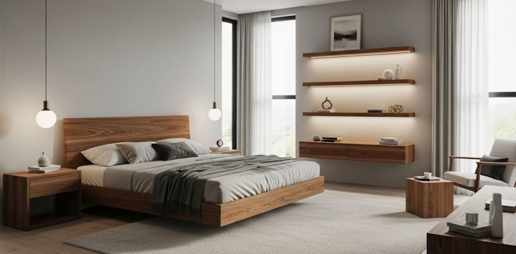 Modern bedroom with wooden furniture and shelves - Beautiful Homes