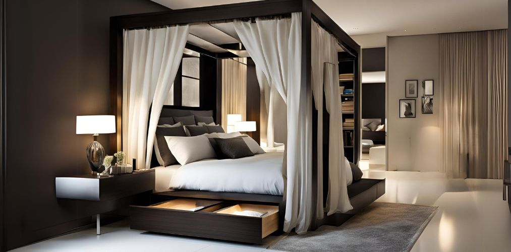 Modern master bedroom with canopy bed and storage - Beautiful Homes