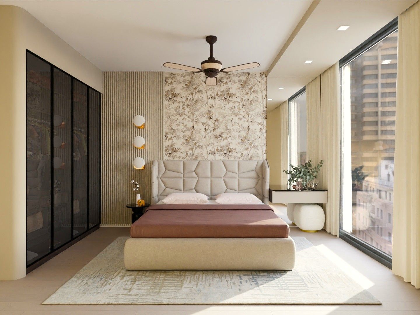 Modern bedroom featuring a patterned headboard, glass wardrobe, and floral wallpaper - Beautiful Homes