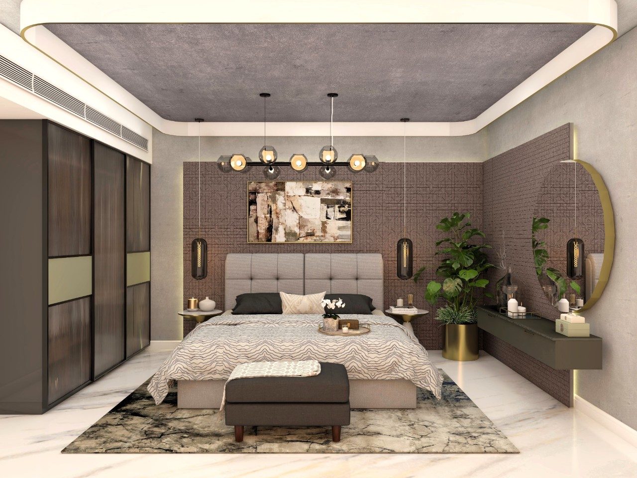 Modern master bedroom with grey upholstered headboard and hanging lights-Beautiful Homes