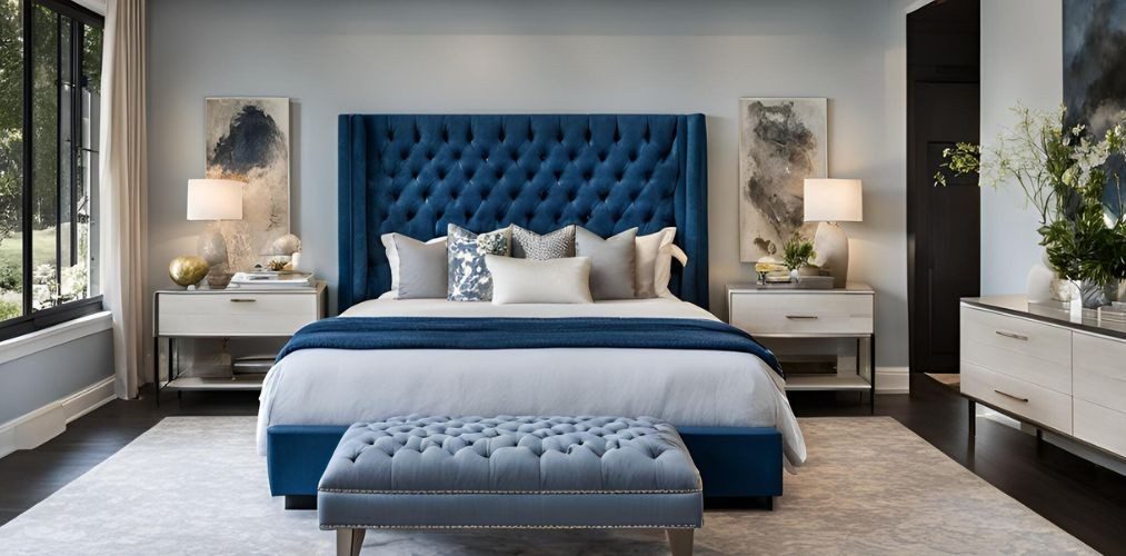 Modern master bedroom with king bed and blue tufted headboard - Beautiful Homes