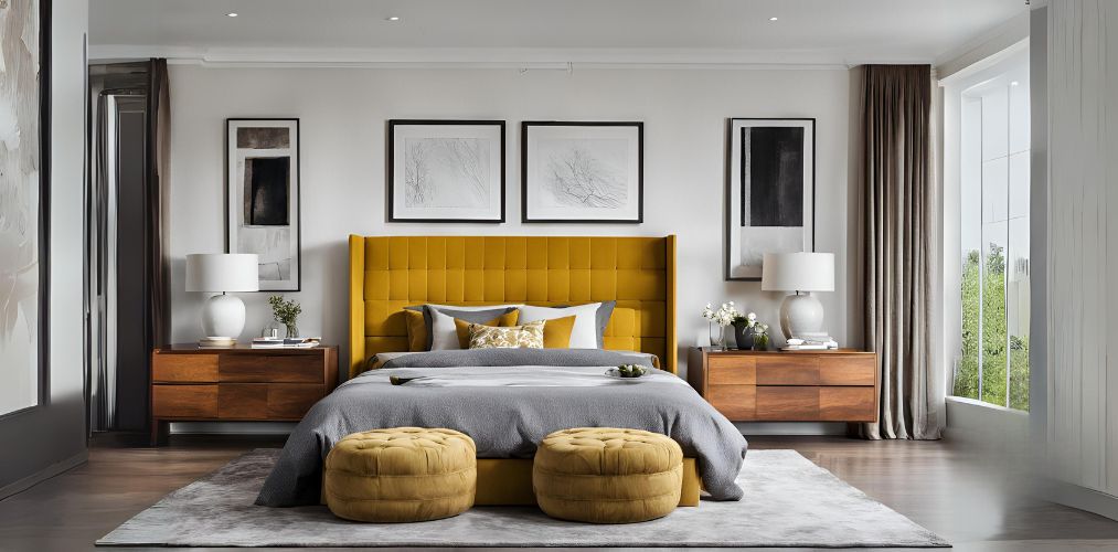 Modern master bedroom with mustard yellow headboard - Beautiful Homes