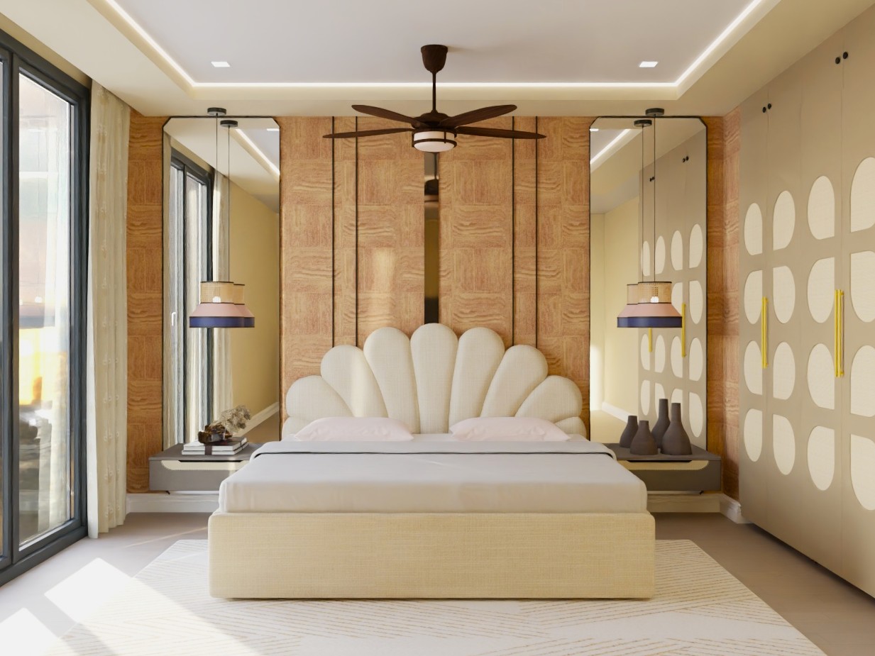 Modern bedroom with unique headboard and sliding wardrobe - Beautiful Homes