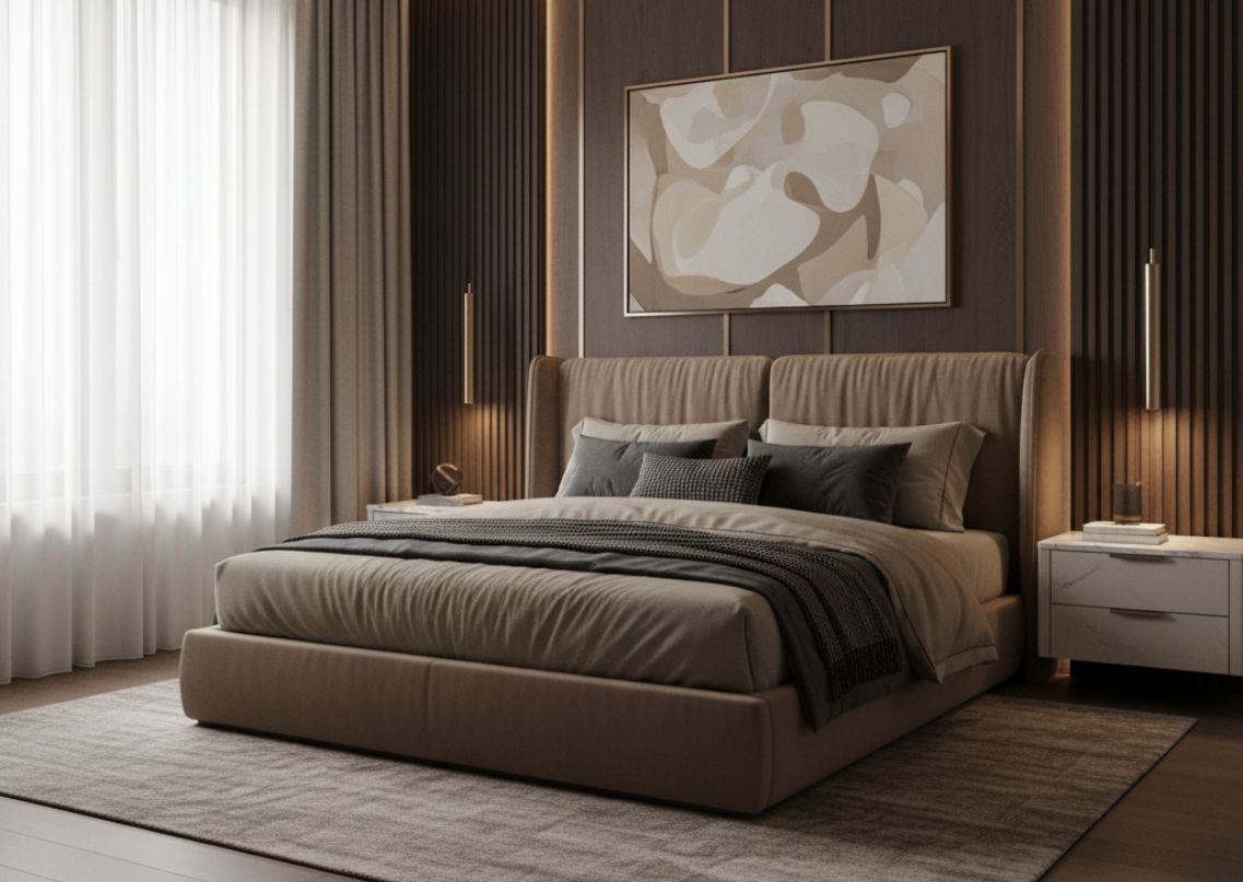 Beige themed bedroom with upholstered bed and décor - Beautiful Homes