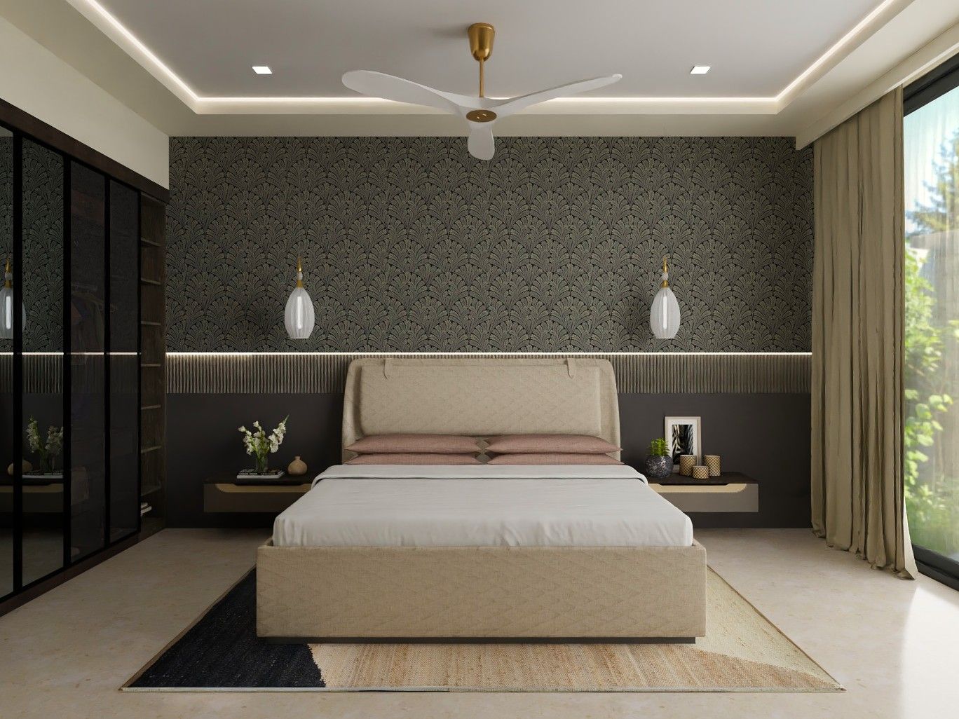 Stylish bedroom featuring a patterned wallpaper, floating bedside tables, and soft lighting - Beautiful Homes