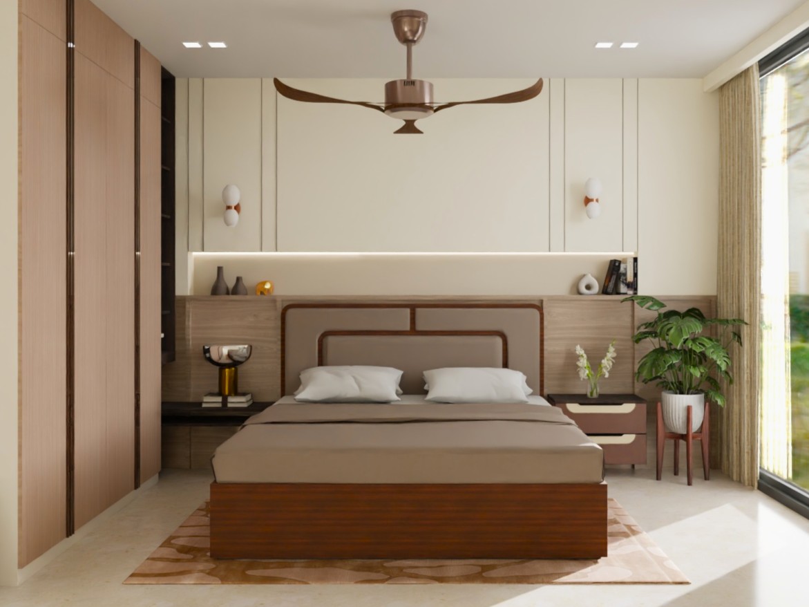 Modern bedroom with wooden bed and décor - Beautiful Homes