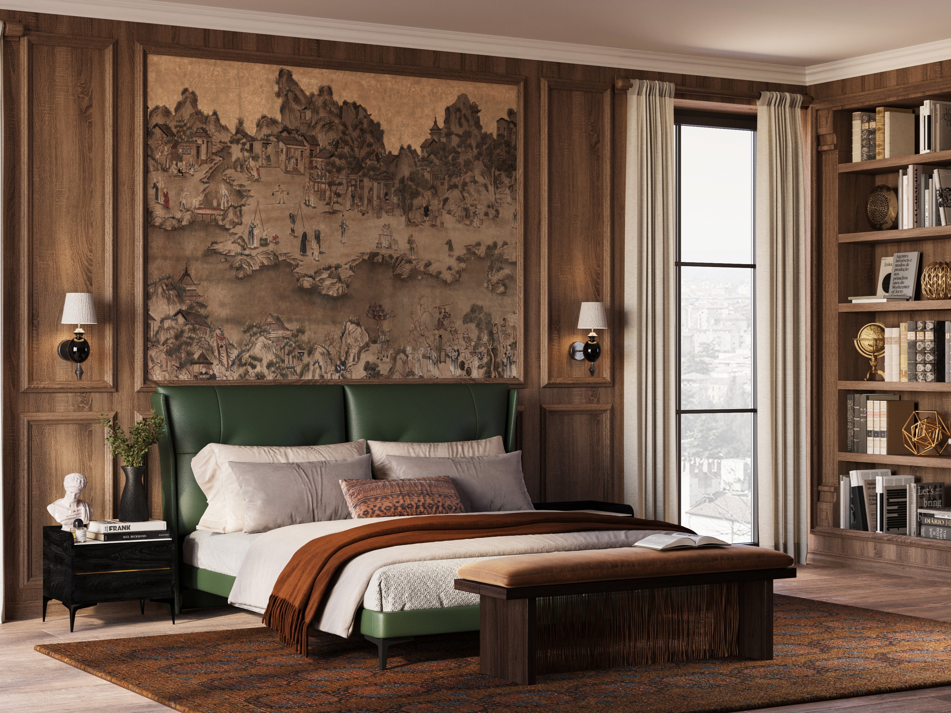 Luxurious bedroom with wood panels and green headboard - Beautiful Homes