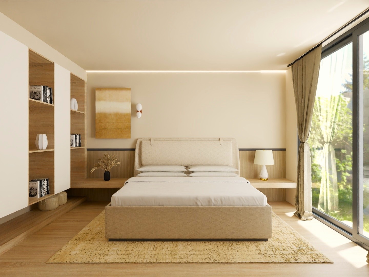 Beige bedroom with wooden flooring and sliding window - Beautiful Homes