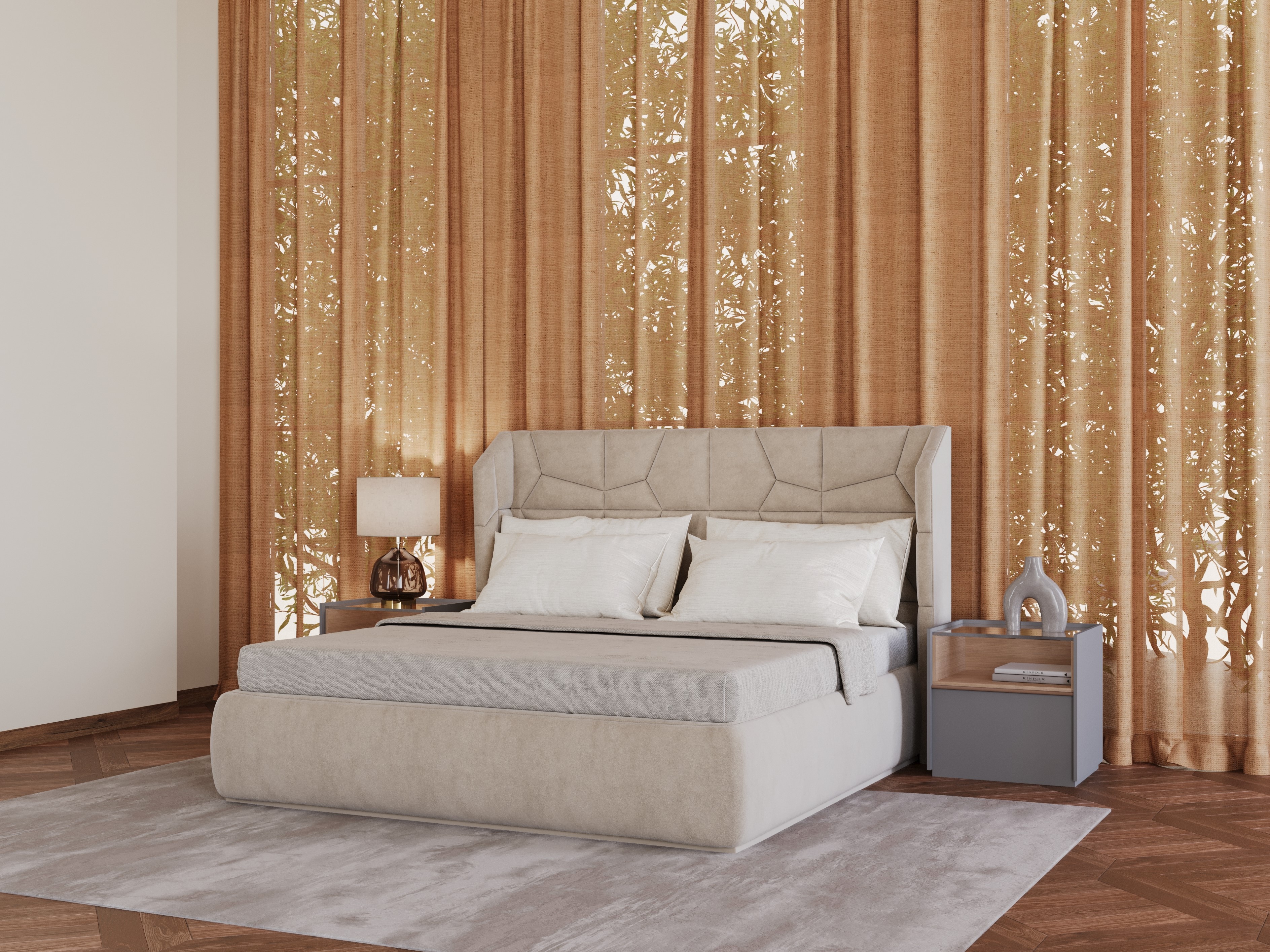 Minimalist bedroom with beige headboard - Beautiful Homes