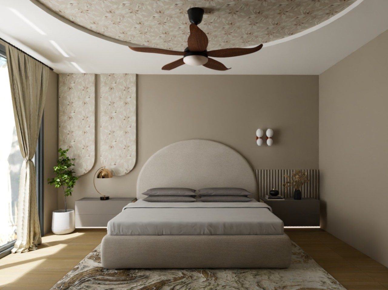 Modern bedroom with beige tones and wooden floor - Beautiful Homes