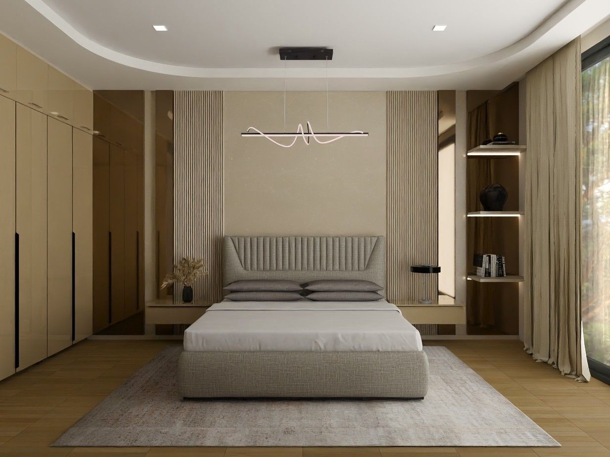 Elegant bedroom featuring a fluted headboard, pendant lighting, and a sleek wardrobe - Beautiful Homes