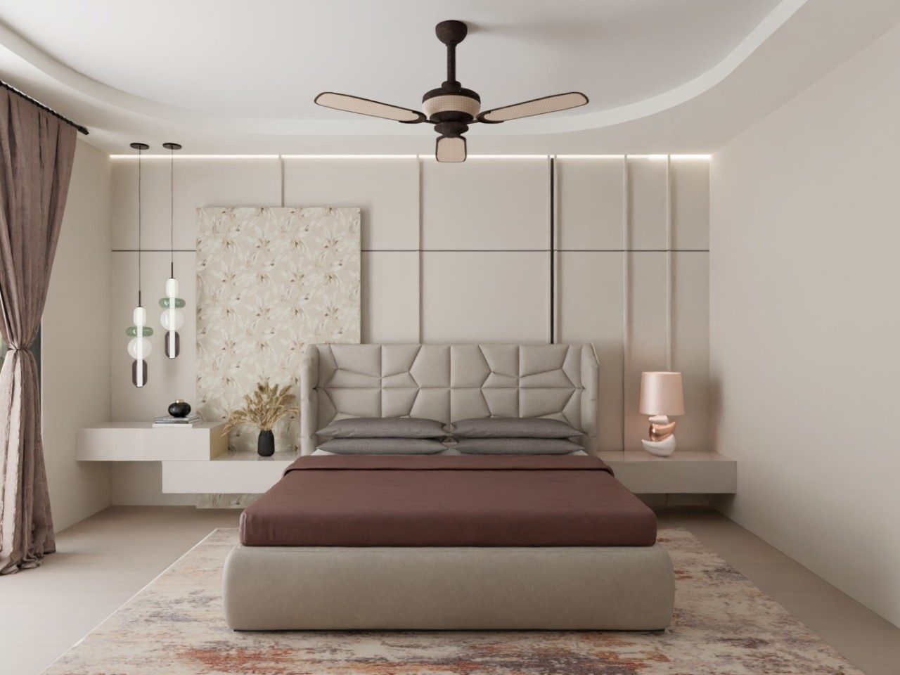 Neutral modern bedroom with upholstered bed and décor - Beautiful Homes