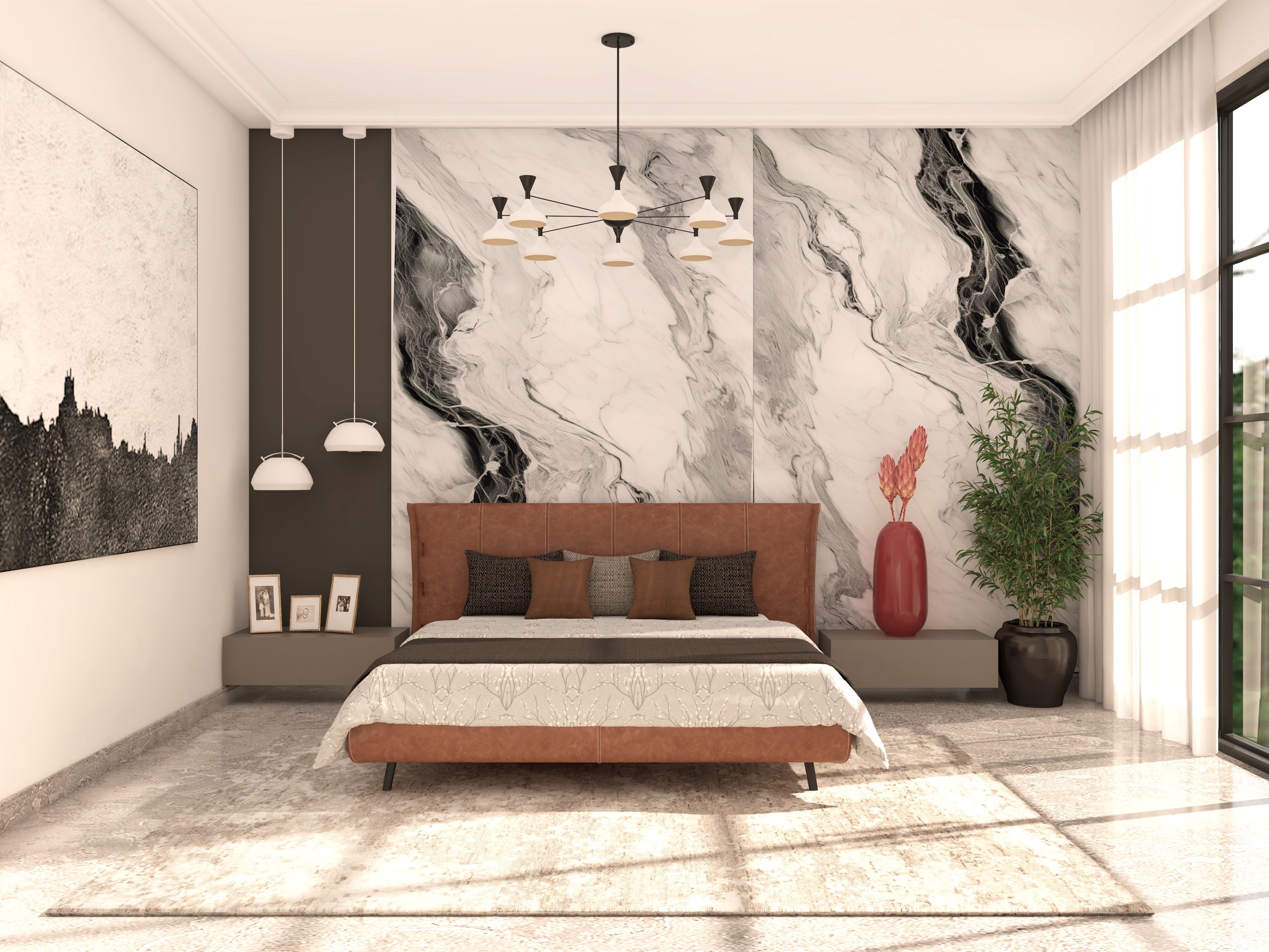 Sophisticated bedroom featuring a marble accent wall, warm tones, and stylish lighting - Beautiful Homes