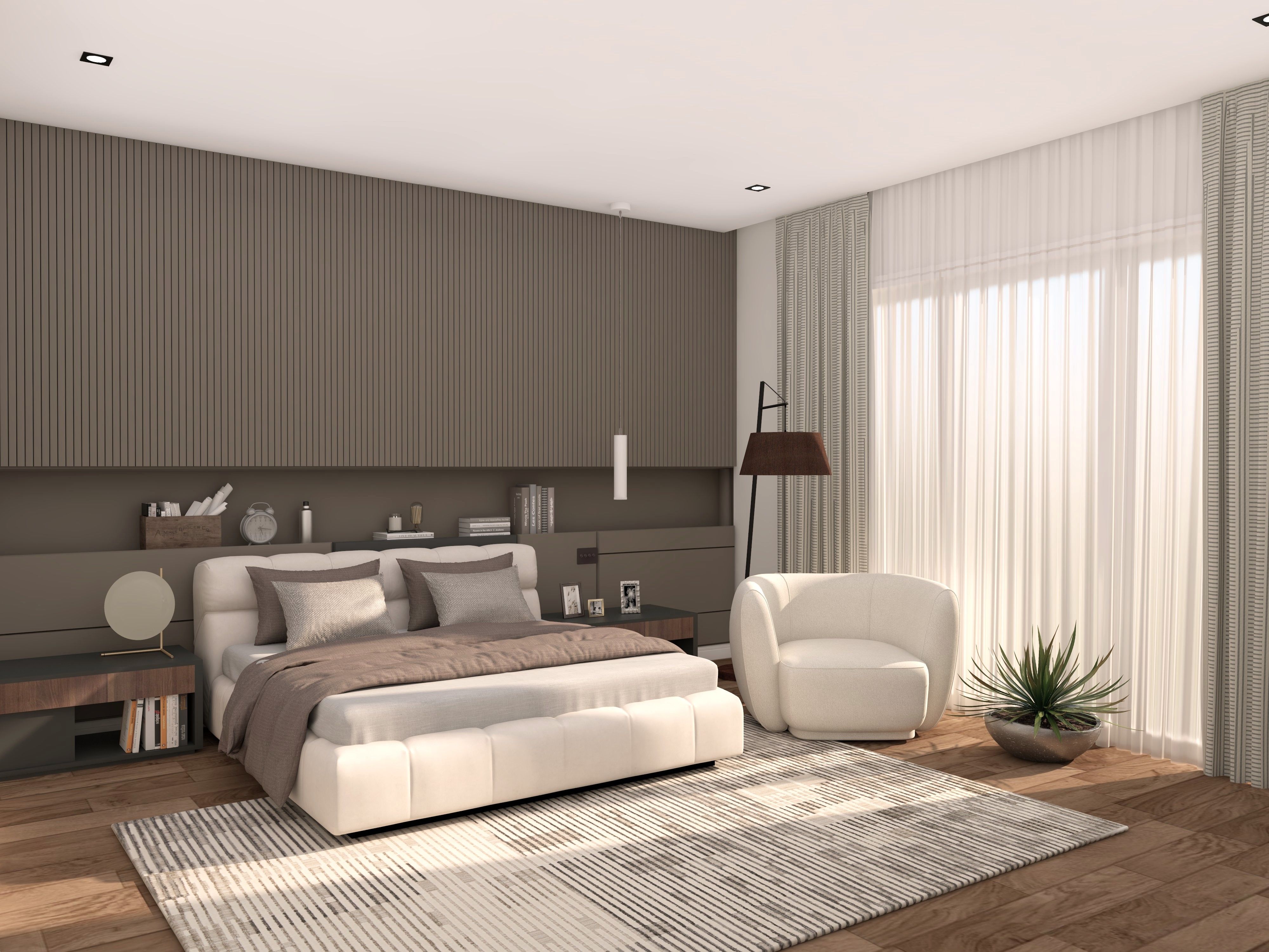 Stylish bedroom featuring a paneled wall, cozy lighting, and a serene colour palette - Beautiful Homes