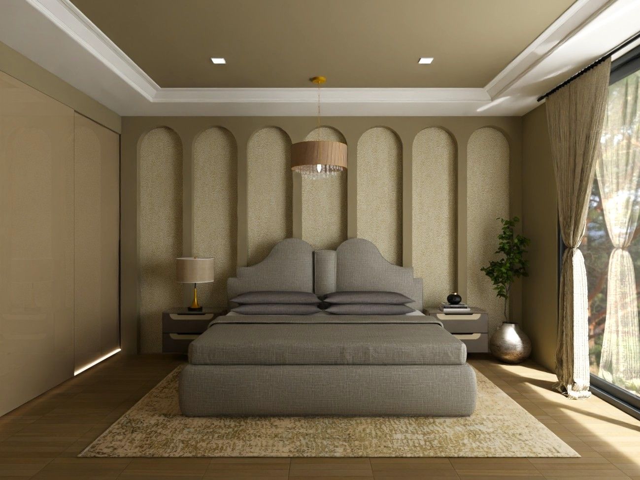 Modern bedroom with grey bed and chandelier - Beautiful Homes