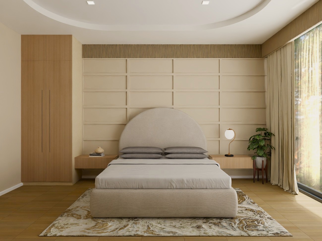 Plush bedroom with wooden wardrobe and soft tones - Beautiful Homes