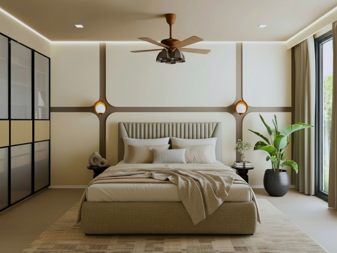 Modern bedroom featuring a taupe bed, globe sconces, and natural accents - Beautiful Homes