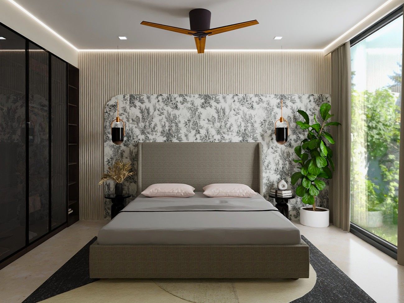 Stylish bedroom featuring a fluted wall design, hanging lamps, and a serene window view - Beautiful Homes