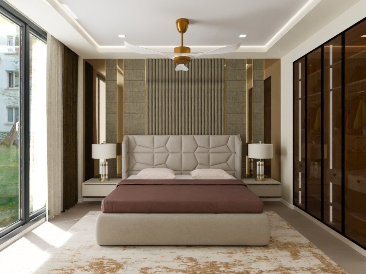 Modern bedroom with beige décor and glass wardrobe - Beautiful Homes
