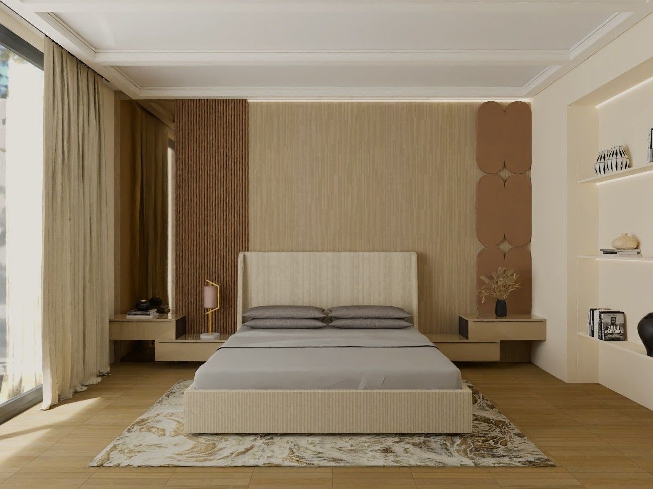 Modern bedroom featuring a beige headboard, fluted wood accents, and built-in shelves - Beautiful Homes
