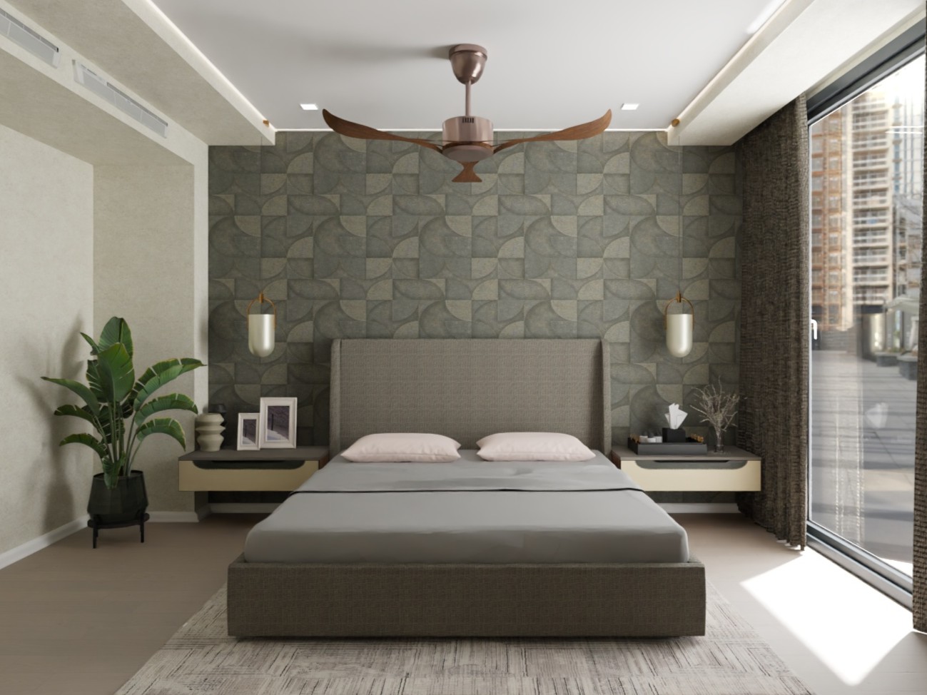 Modern bedroom with floral walls and grey upholstered bed - Beautiful Homes