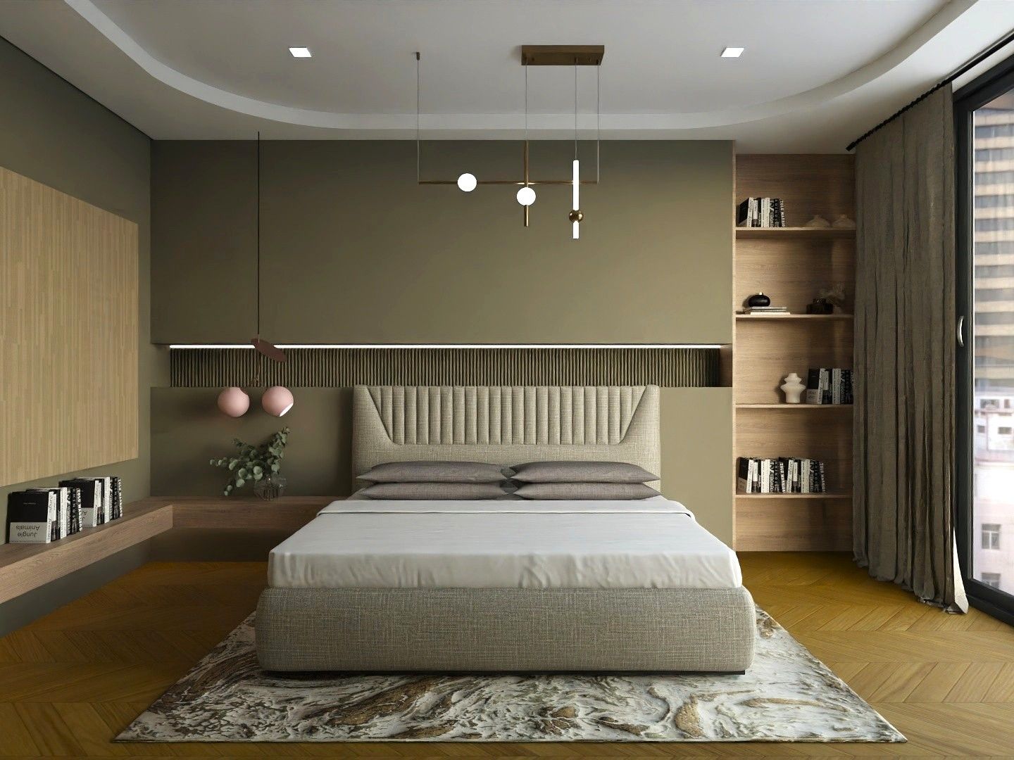 Modern bedroom with headboard and wooden bookshelf - Beautiful Homes