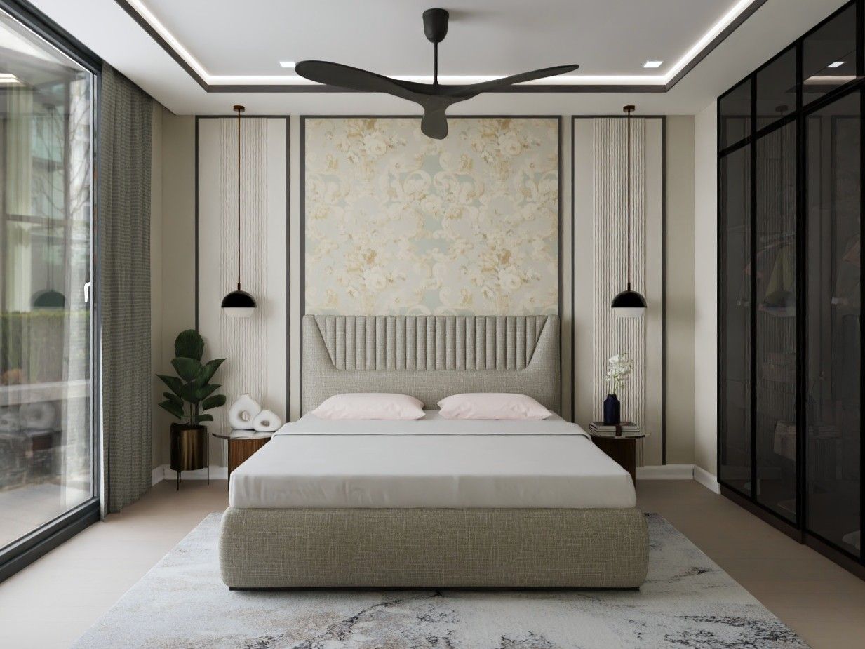 Elegant bedroom featuring floral wallpaper, soft pink accents, and a black ceiling fan - Beautiful Homes