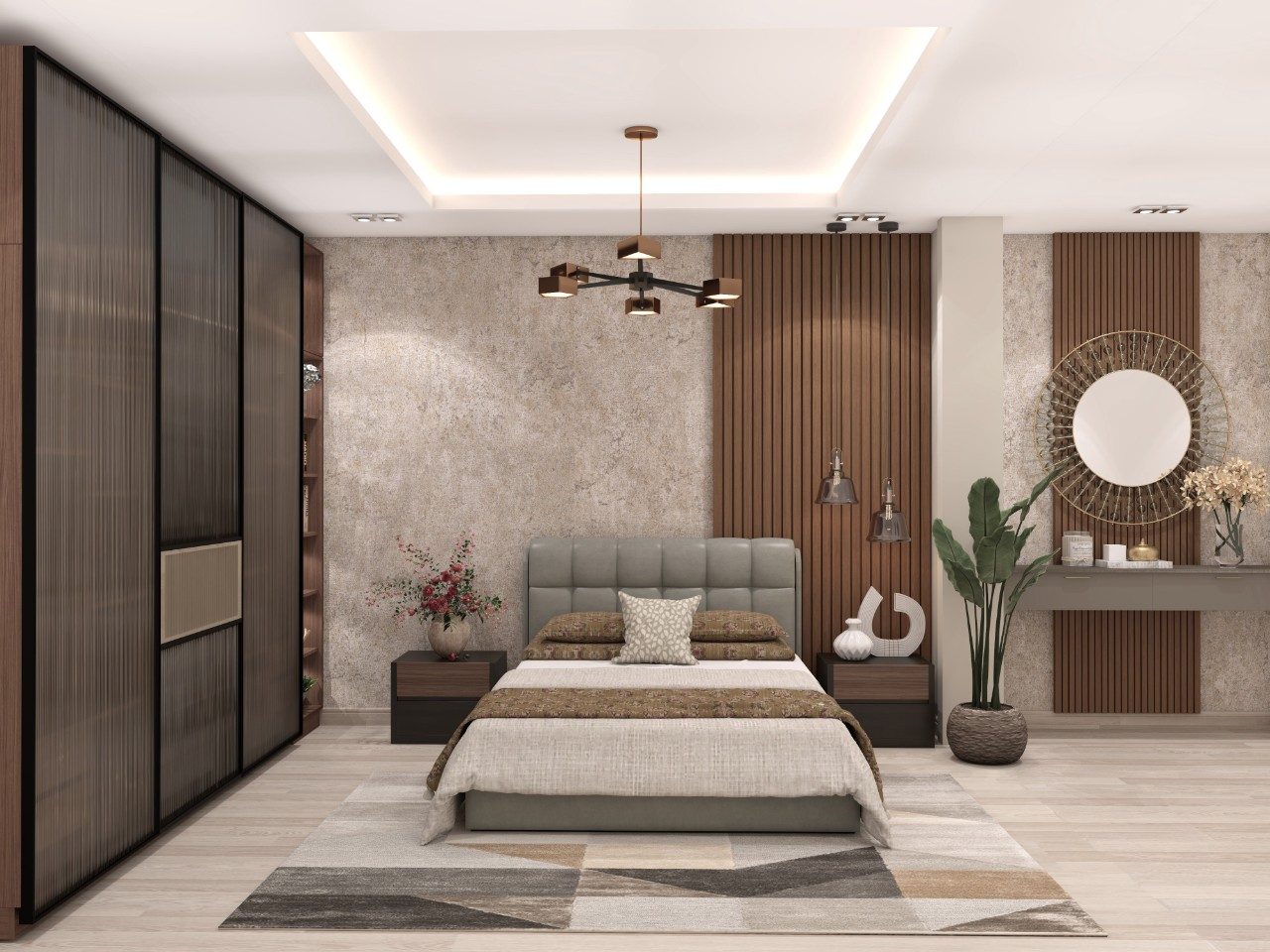 Modern bedroom with wooden panel and décor - Beautiful Homes