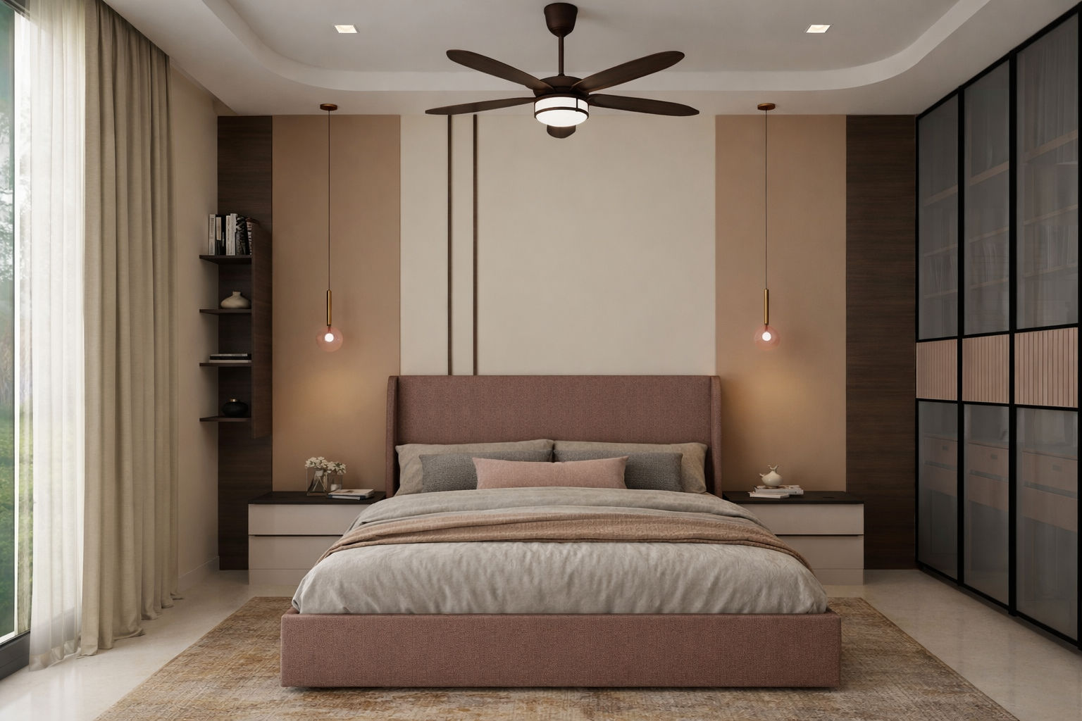Modern bedroom featuring dusty rose tones, pendant lighting, and custom wall panels - Beautiful Homes