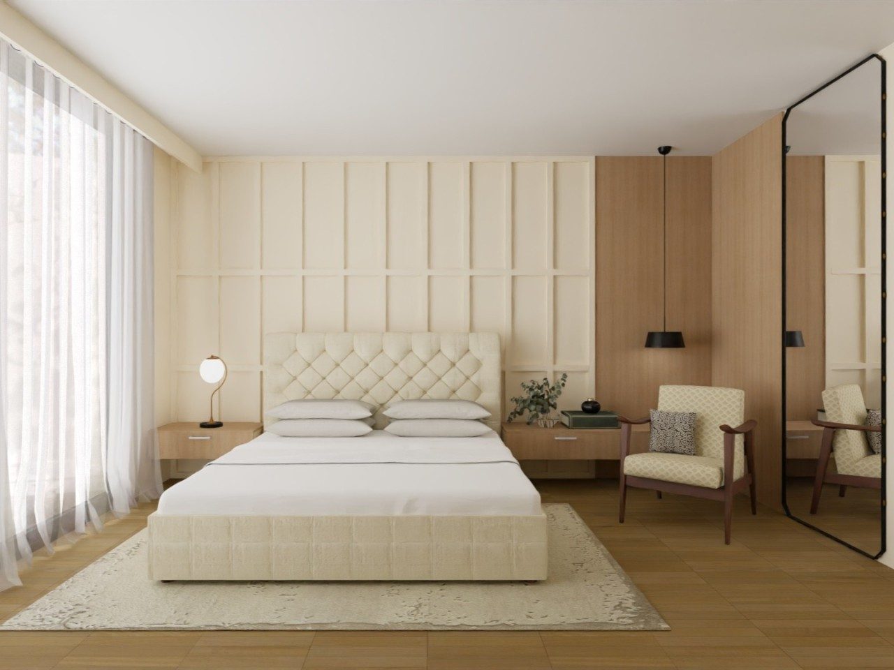 Bedroom with mirror and neutral décor - Beautiful Homes