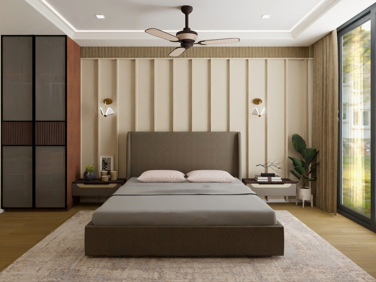 Modern bedroom featuring fluted wall panels, glass wardrobe, and warm lighting - Beautiful Homes
