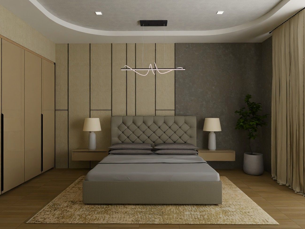 Contemporary bedroom featuring a tufted bed, floating nightstands, and pendant lighting - Beautiful Homes