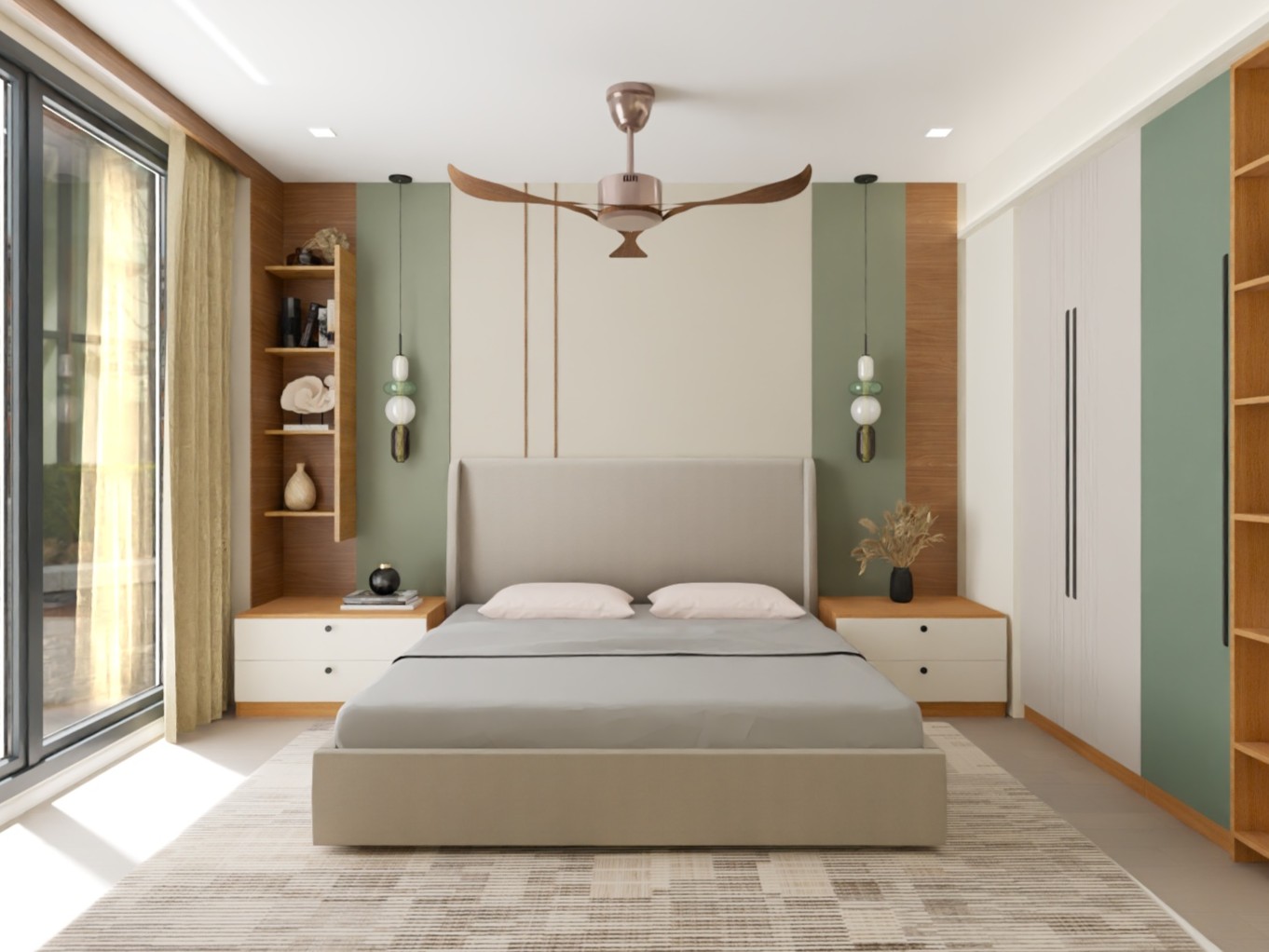 Luxury bedroom with grey bed and wooden shelves - Beautiful Homes