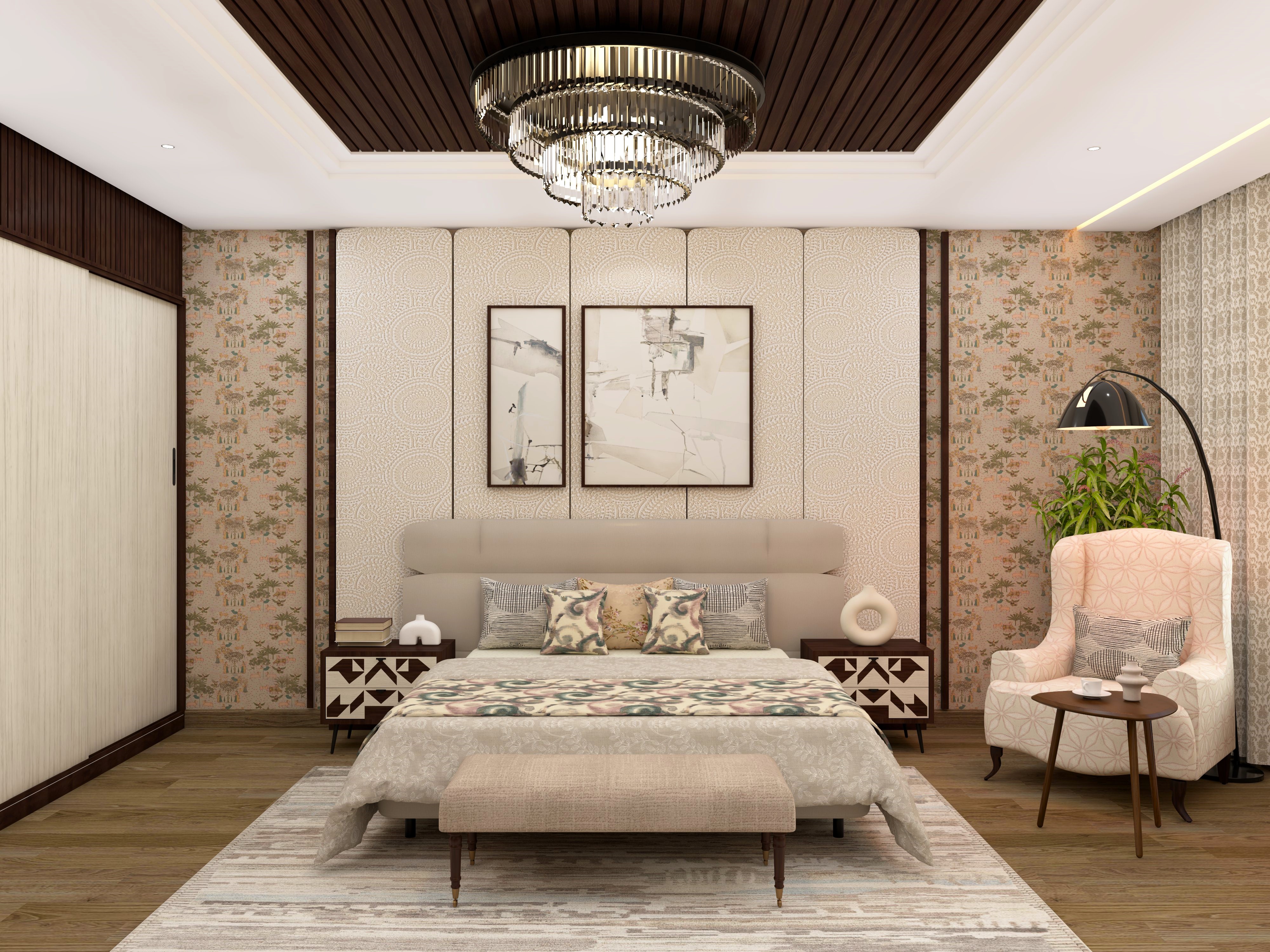 Modern neutral theme bedroom with Sabyasachi wallpaper - Beautiful Homes