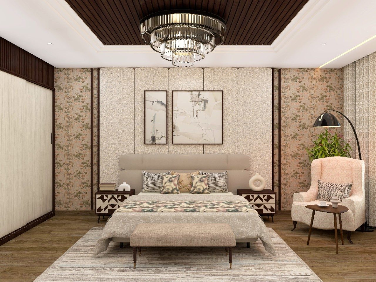 Modern neutral theme bedroom with Sabyasachi wallpaper - Beautiful Homes