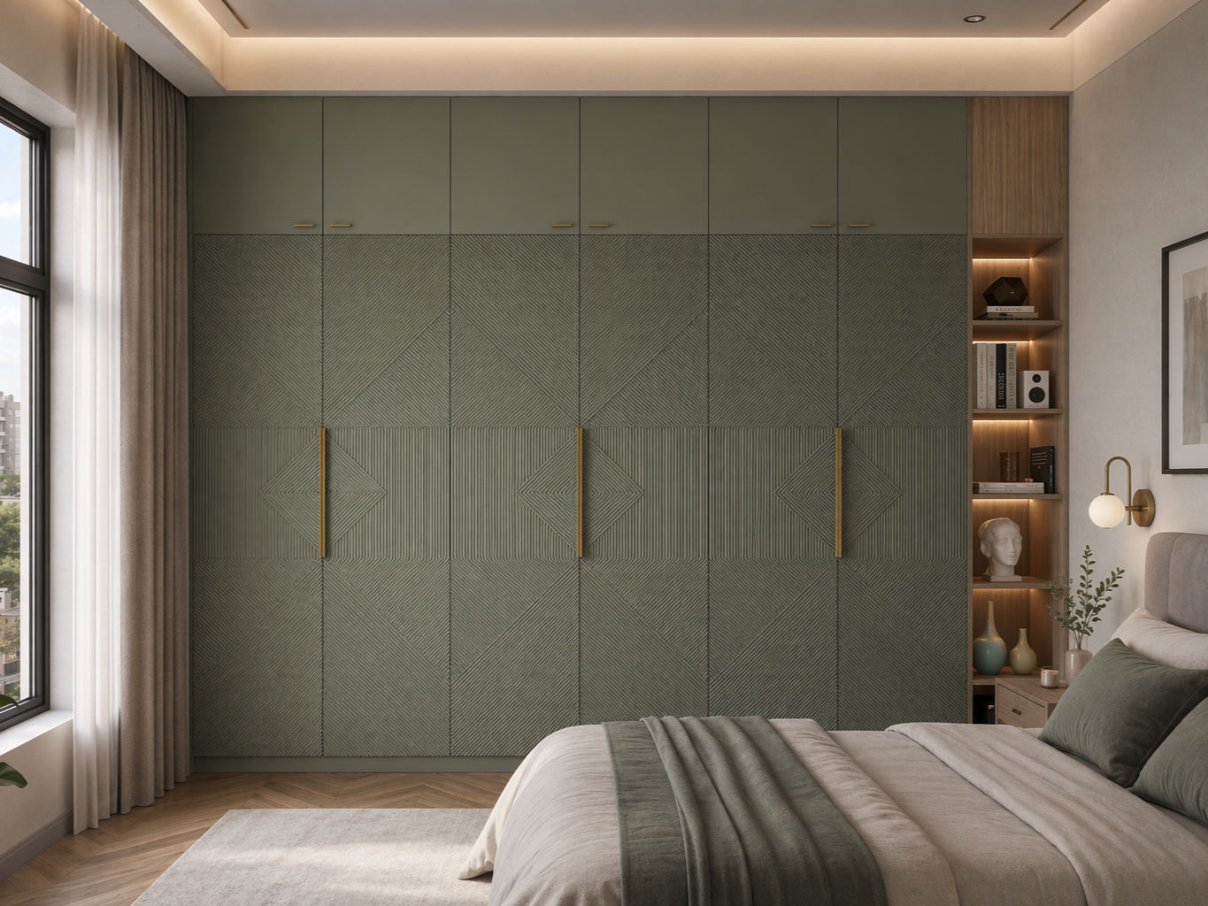 Floor-to-ceiling olive green wardrobe with geometric grooved doors, brass handles, and an attached oak display shelf - Beautiful Homes