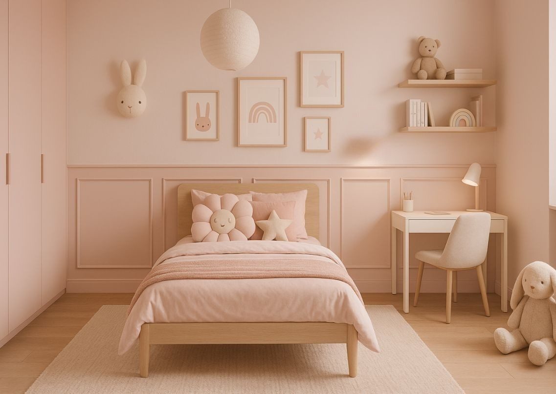 Kids room with pastel décor and wooden bed - Beautiful Homes