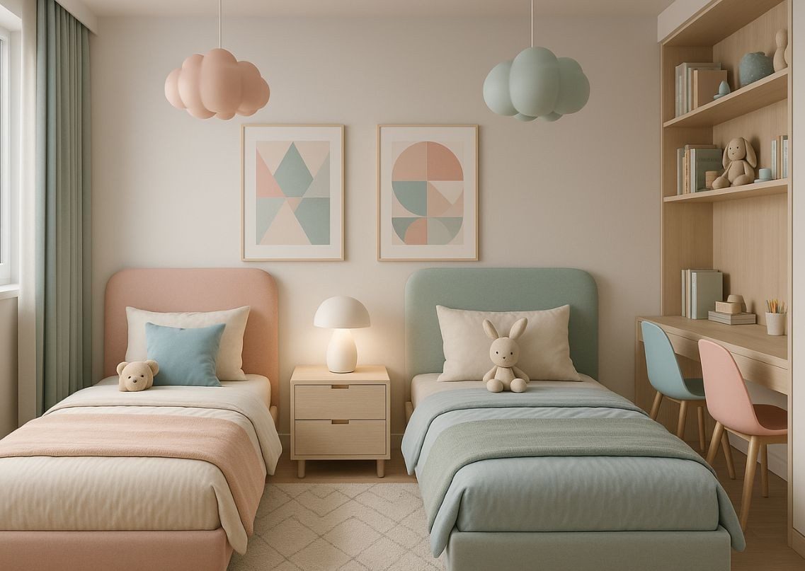 Kids room with pastel beds and study desk - Beautiful Homes