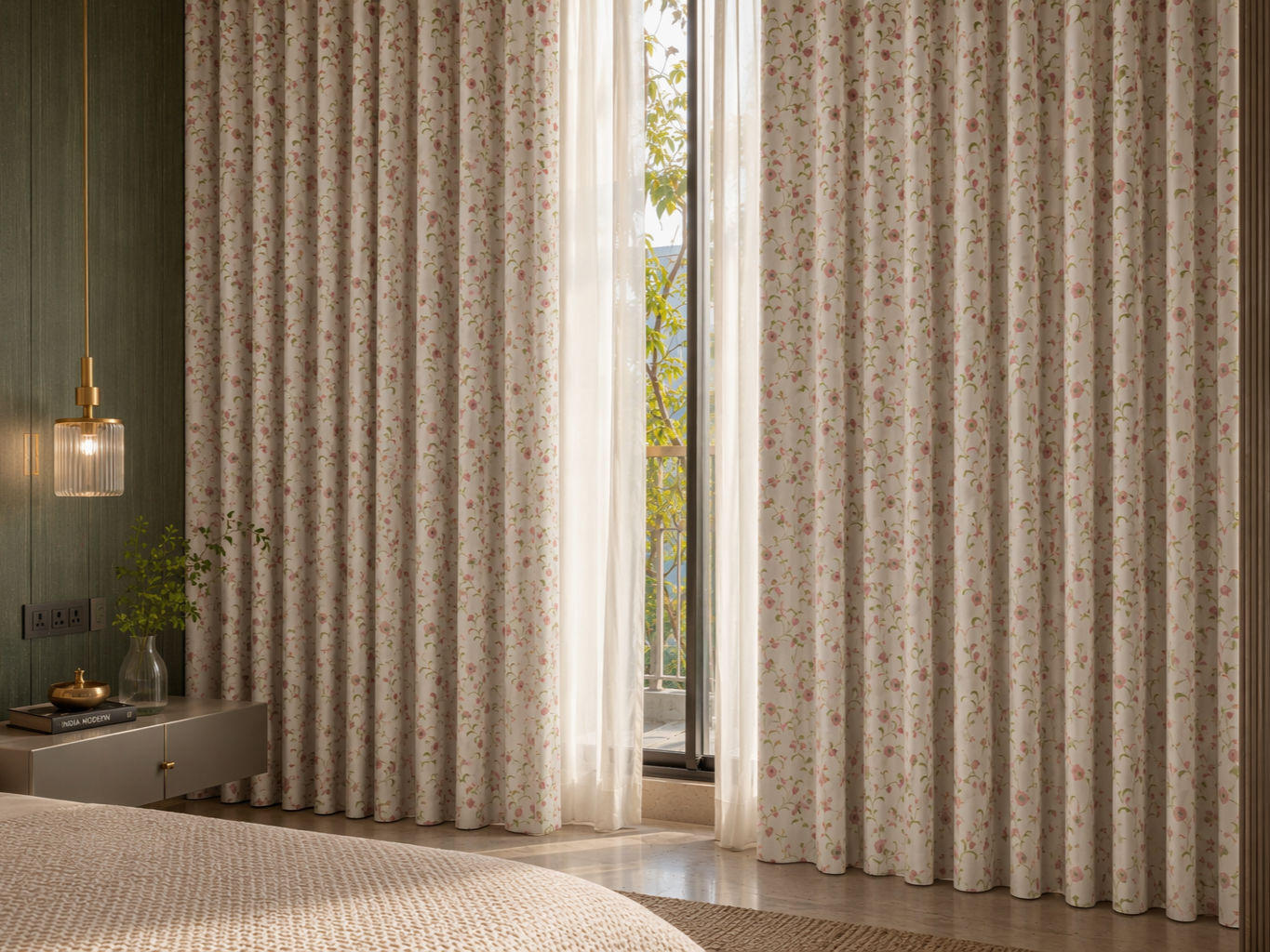 Floor-length cream curtains with a delicate pink floral pattern and soft wave pleats, layered over sheer white drapes - Beautiful Homes